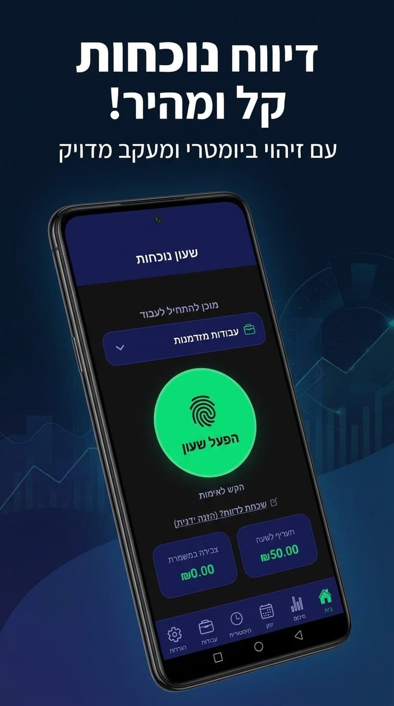 מסך שעון הנוכחות: כפתור הפעלת שעון בטביעת אצבע, בחירת משרה, תעריף לשעה וצבירה במשמרת