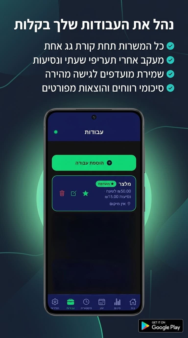 מסך המשרות: רשימת מקומות עבודה עם תעריף לשעה, החזר נסיעות ומיקום שמור לכל משרה