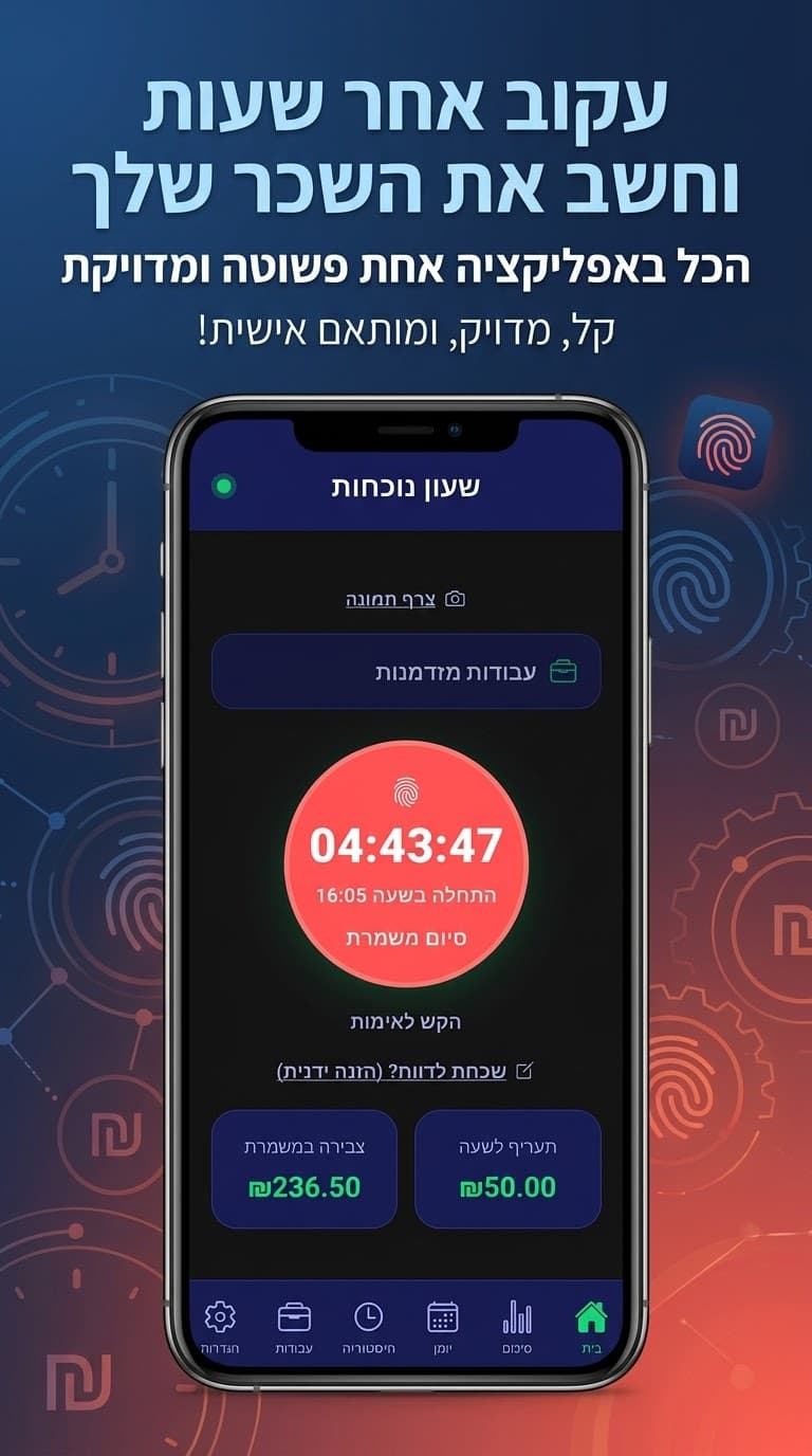 מסך שעון הנוכחות באפליקציית Shift Smart: משמרת פעילה עם טיימר רץ, תעריף לשעה וצבירה מצטברת במשמרת